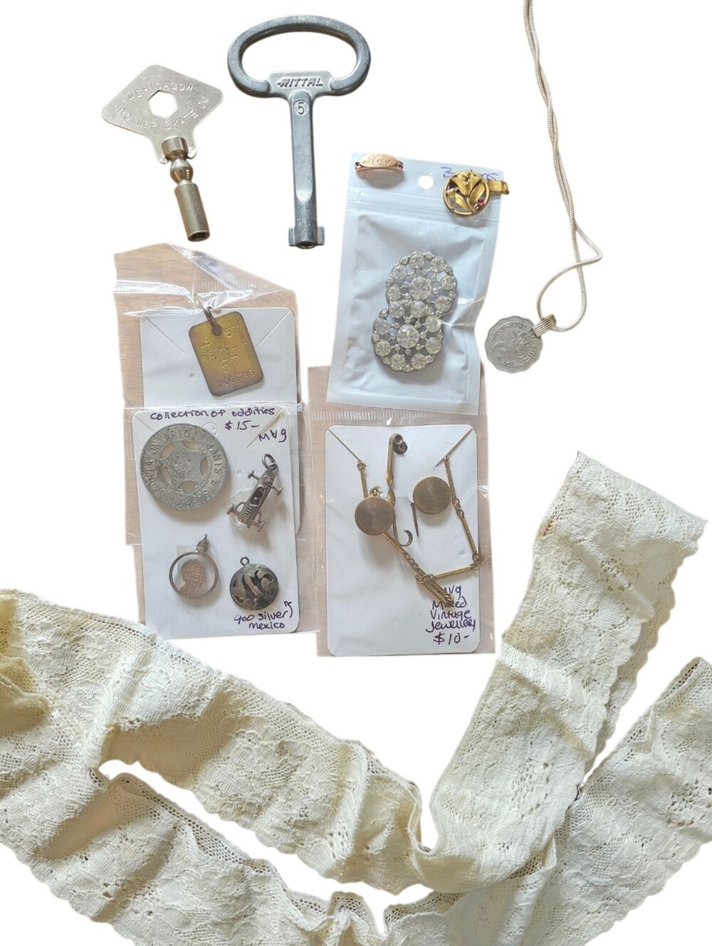 Vintage Mixed Jewelry and Lace Lot - Gold & Silver Tones